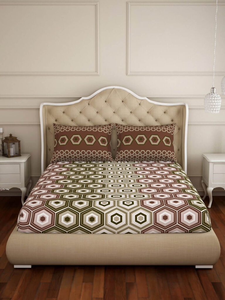 Brown & White Geometric Cotton Bedsheet Set